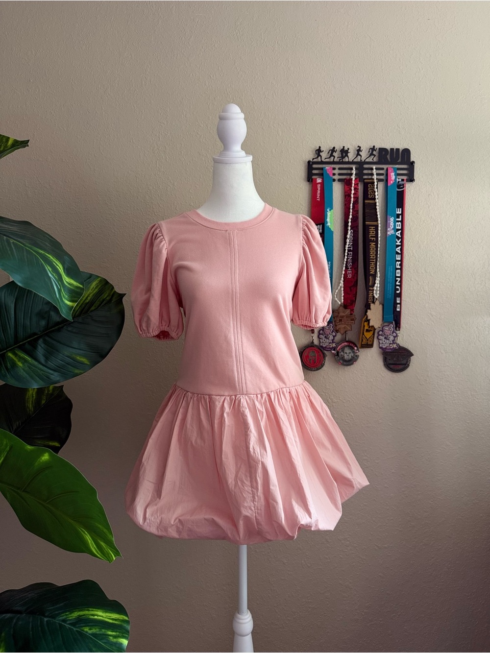 English Factory Puff Sleeve Mini Dress in Blush Pink